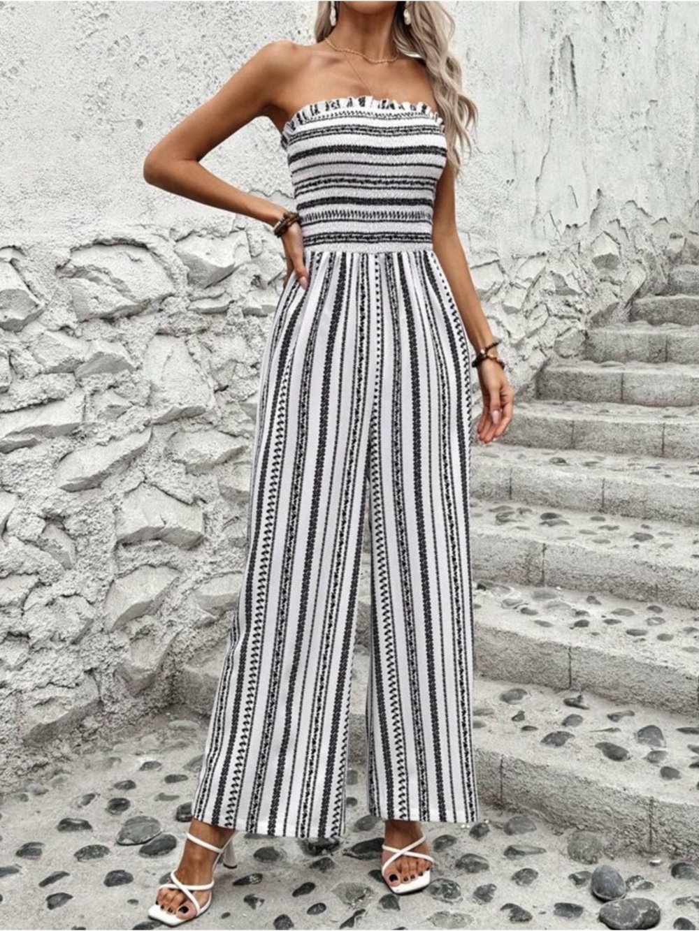 Strapless Black & White Striped Wide-Leg Jumpsuit